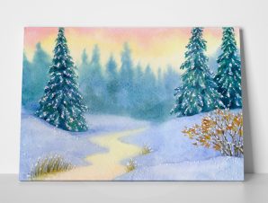 Πίνακας σε καμβά WATERCOLOR SNOW COVERED FOREST